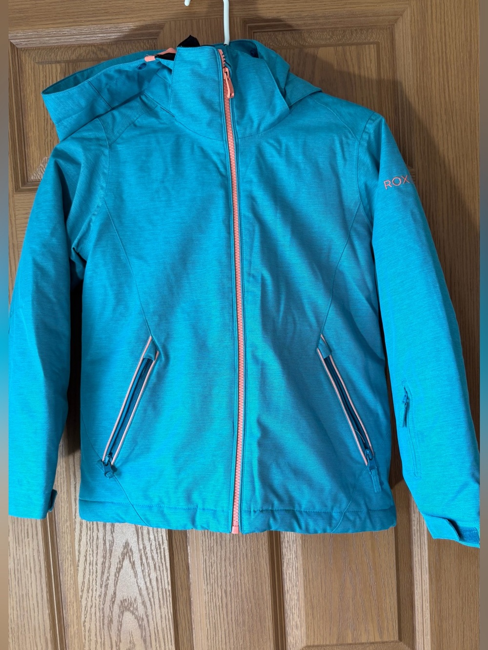 Roxy Girls' Teal Hooded Ski Jacket with Coral Zipper Accents